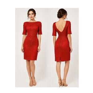 90s Lipstick Red Beaded Sequin Silk Cocktail Dress | XS